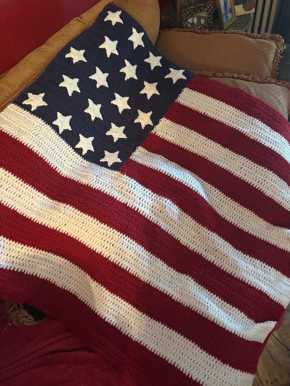 Patriotic Crochet Throw Blanket - Red, White & Blue